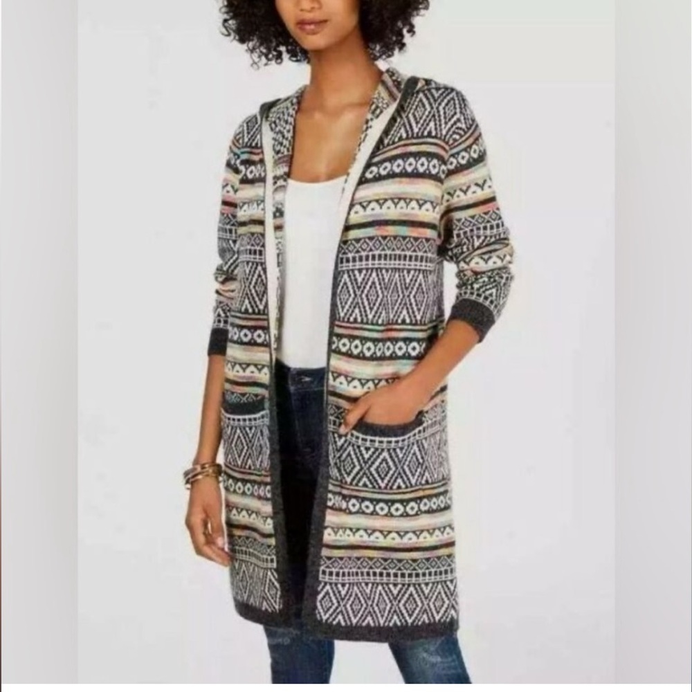 Monteau Geometric Multicolour Long Hooded Cardigan